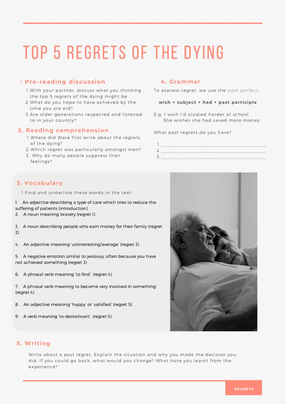 Regrets of the dying: students discuss, answer 3 reading questions, find 9 vocab words and practise wish + past perfect