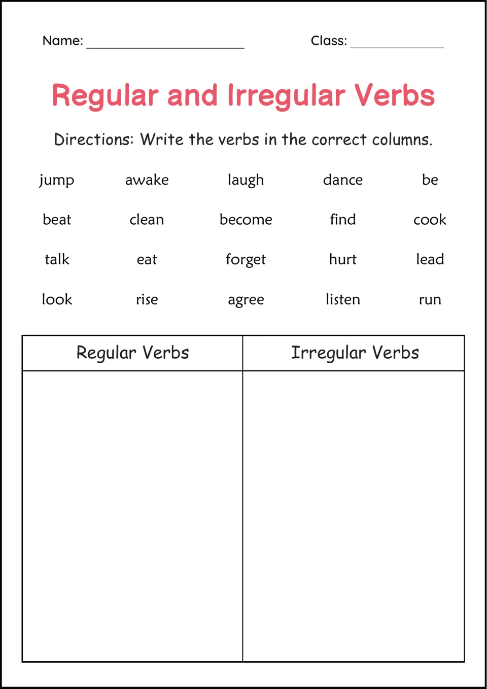 Regular and irregular verbs sort: students classify 20 verbs such as jump, eat, forget and run into two groups