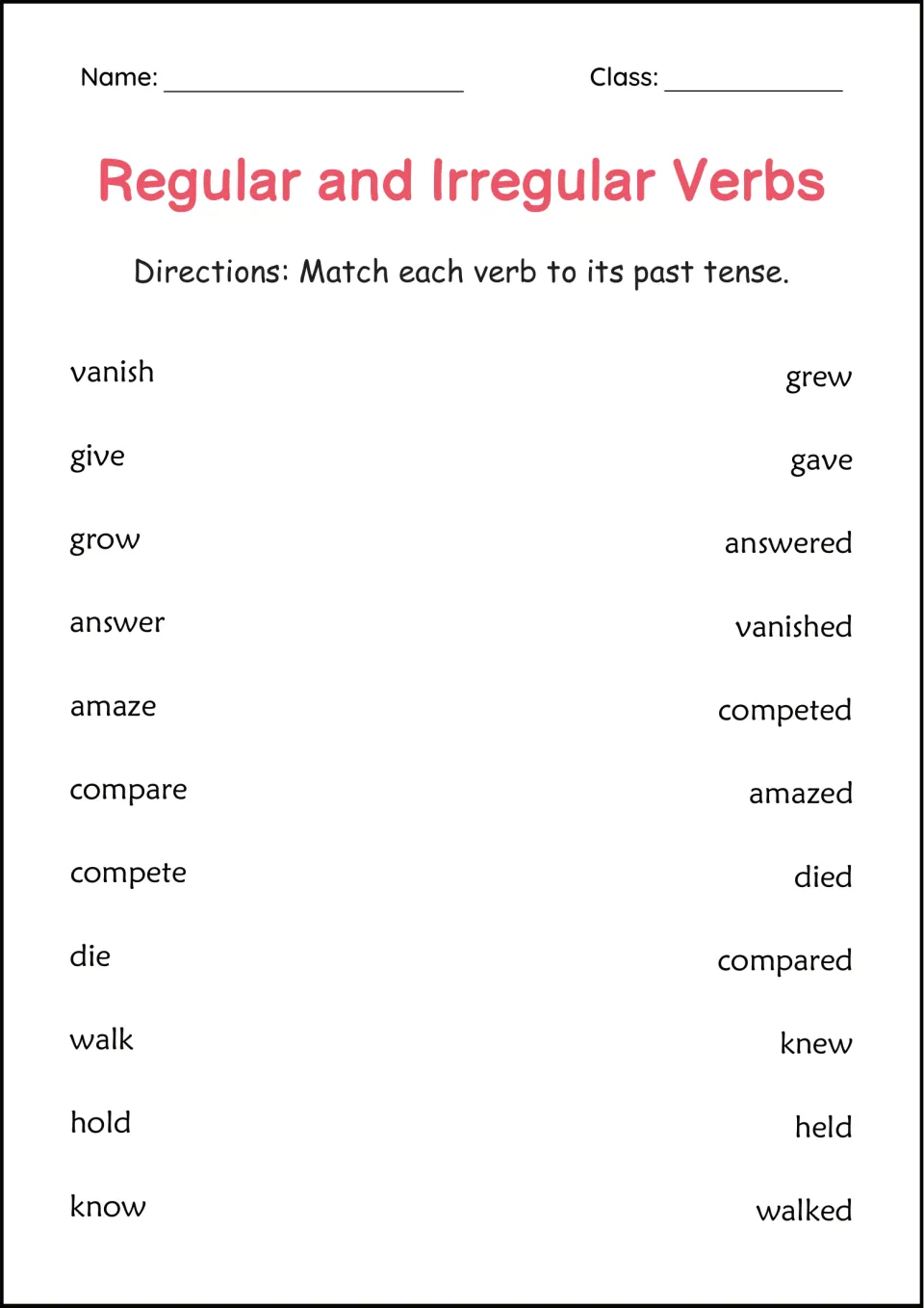 Past tense matching: students match 11 base verbs, such as give, grow, answer and know, to past forms like gave and knew