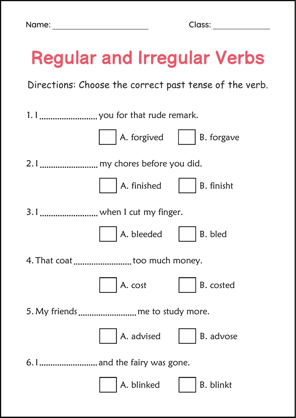 Verbs in context: students pick the correct past tense to complete 6 sentences, such as forgave over forgived