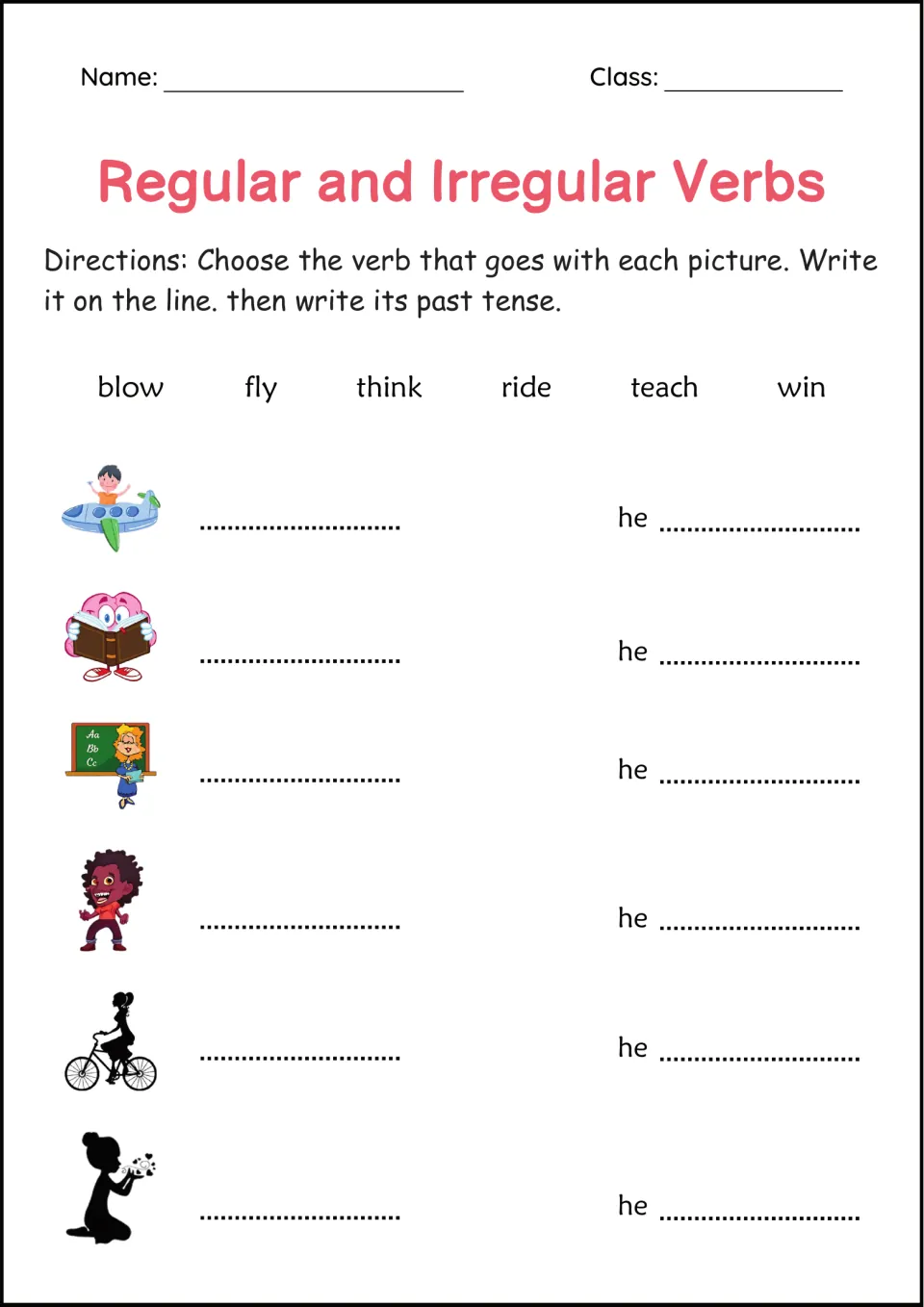 Picture verb match: students pick blow, fly, think, ride, teach or win for 6 pictures, write it, then write its past tense