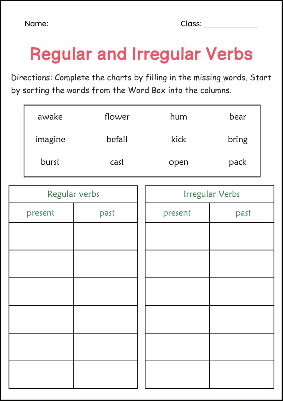 Word Box verb charts: students sort 12 verbs such as hum, bring, burst and pack as regular or irregular and add past forms