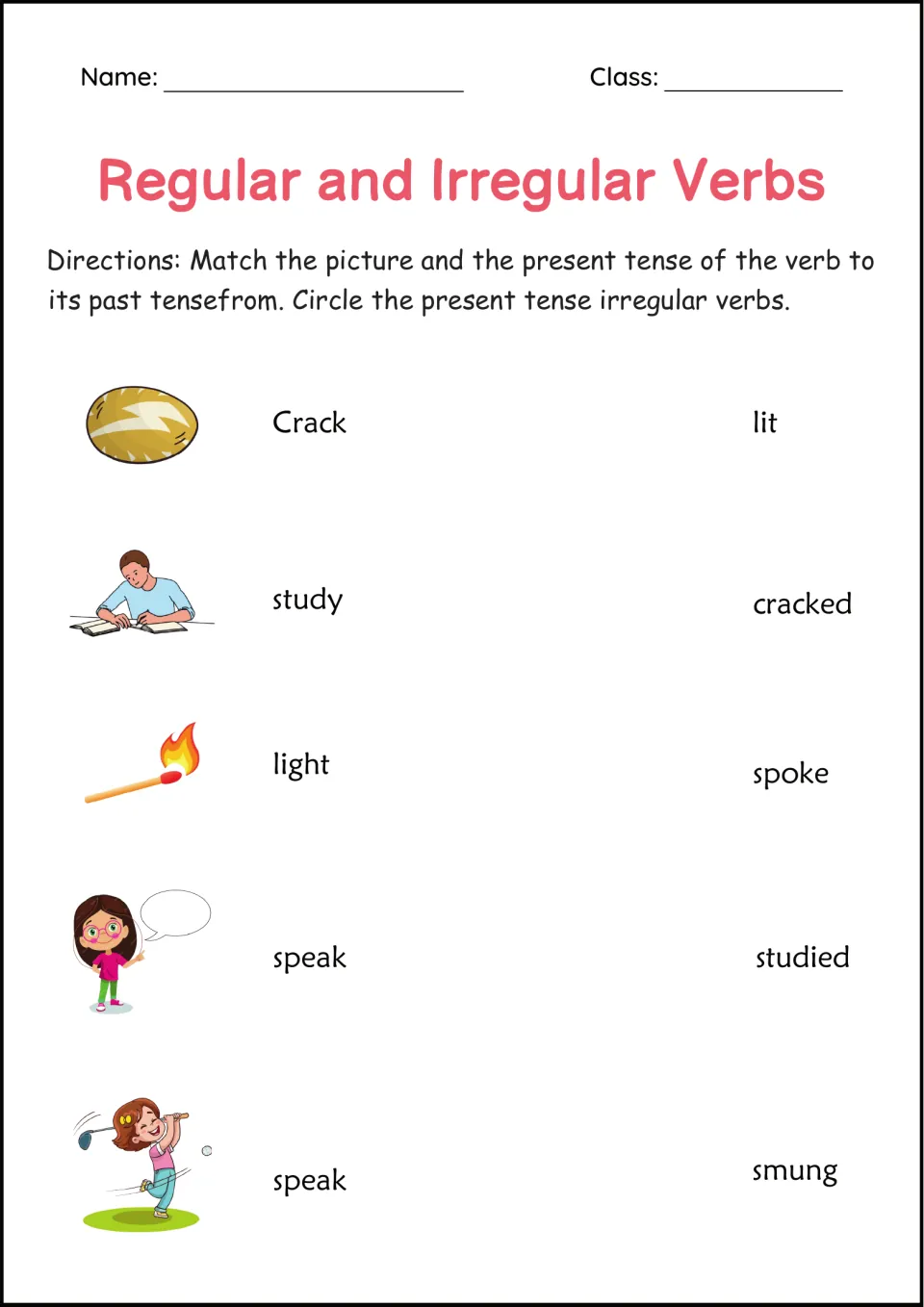 Picture and past tense match: students connect verbs like study and light to studied and lit, then circle irregular verbs
