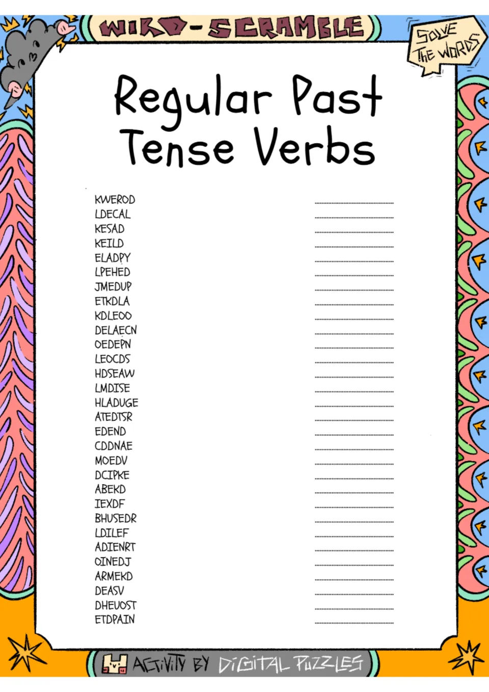 Regular past tense verbs word scramble: students unscramble 30 words such as KWEROD and LDECAL into -ed verbs