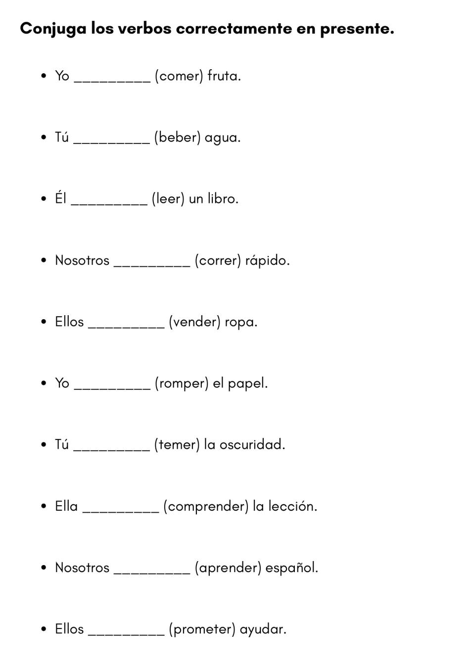 Spanish -er verbs in the present: students conjugate comer, beber, leer, aprender and others to complete 10 sentences