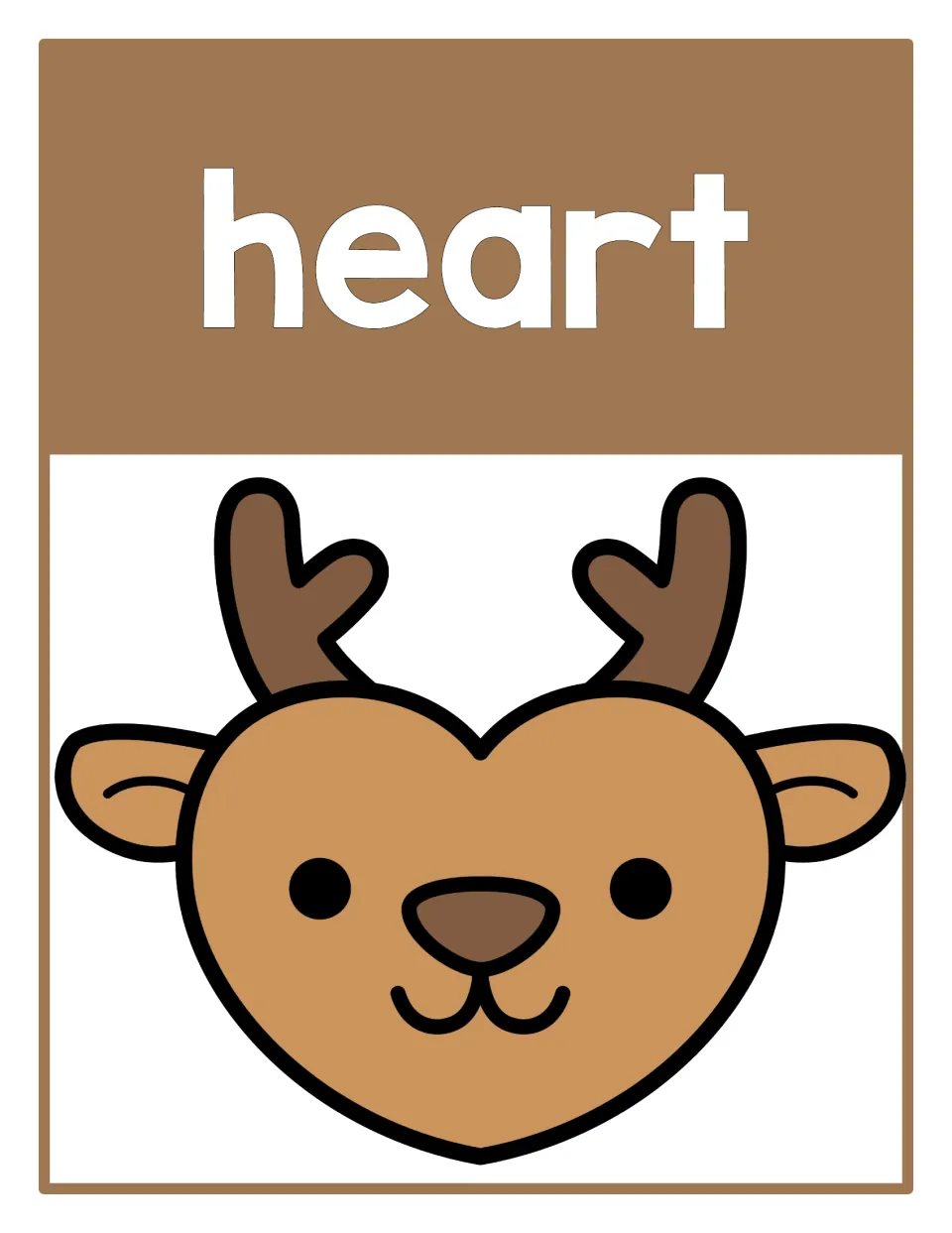 Heart shape poster: the word heart above a reindeer with a heart-shaped face, antlers and ears, for shape naming practice