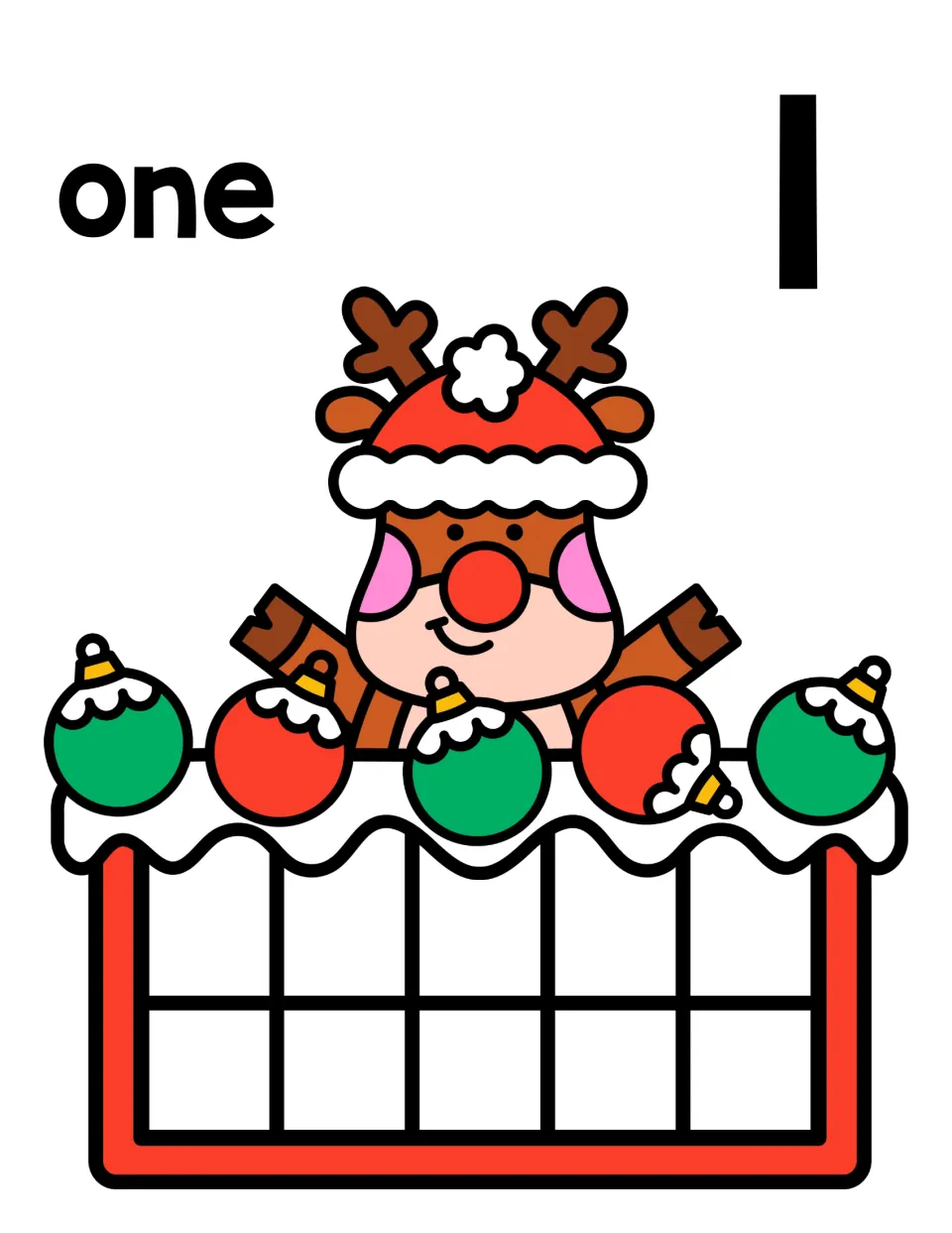 Number one counting mat: students place 1 counter in the ten frame under a reindeer in a Santa hat to show the numeral 1