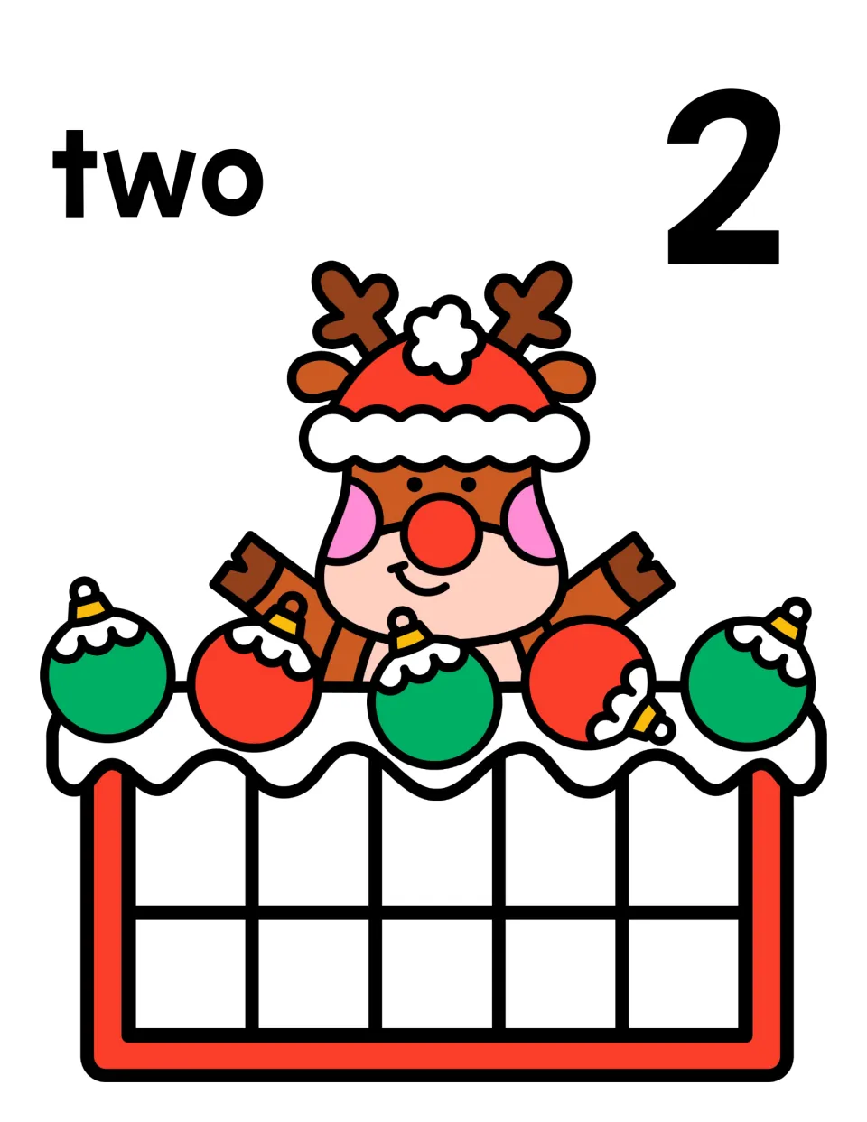 Number two mat: children count 2 counters into the ten frame and match the quantity to the word two and the numeral 2