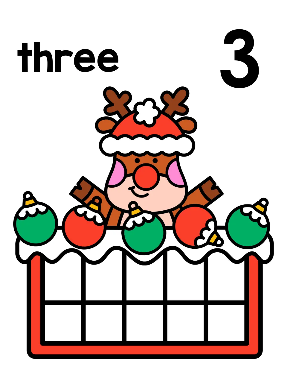 Counting to three: the reindeer mat shows the word three and numeral 3; students fill 3 spaces of the ten frame below