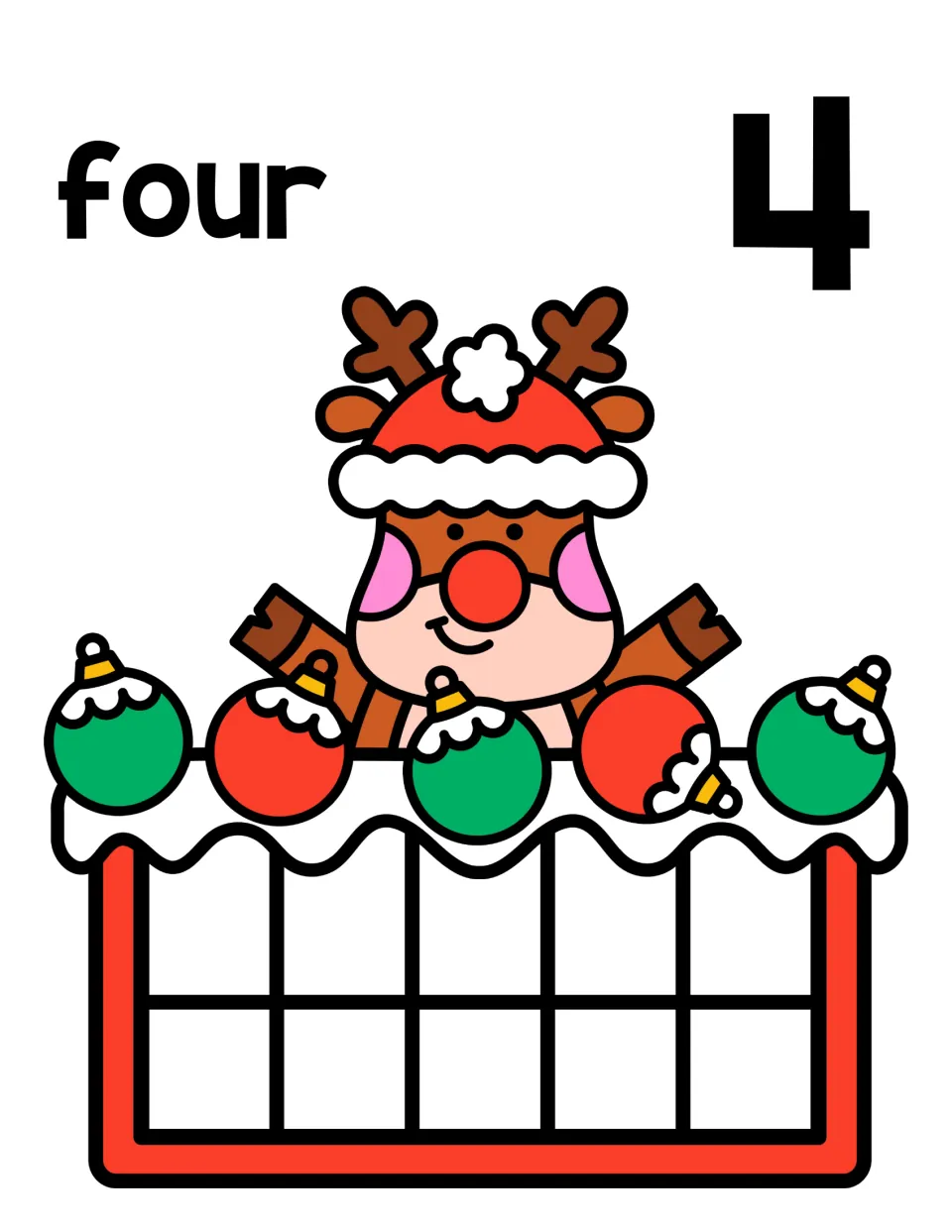 Number four practice: students show 4 with counters in the ten frame, linking the word four to the numeral 4 above