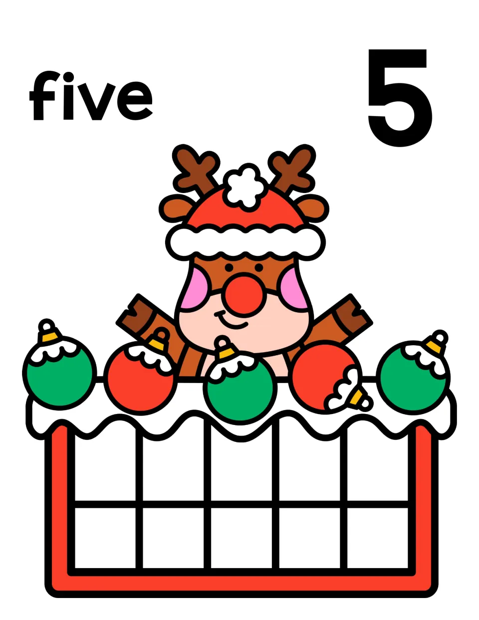Number five mat with a smiling reindeer: children place 5 counters to fill the top row of the ten frame and read five, 5