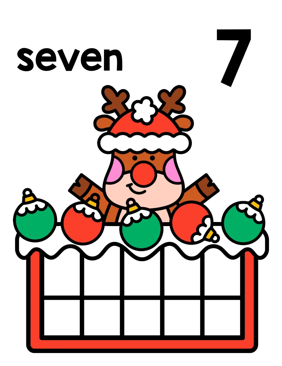 Number seven mat: children represent 7 with counters in the ten frame beneath a reindeer and ornaments, reading seven, 7