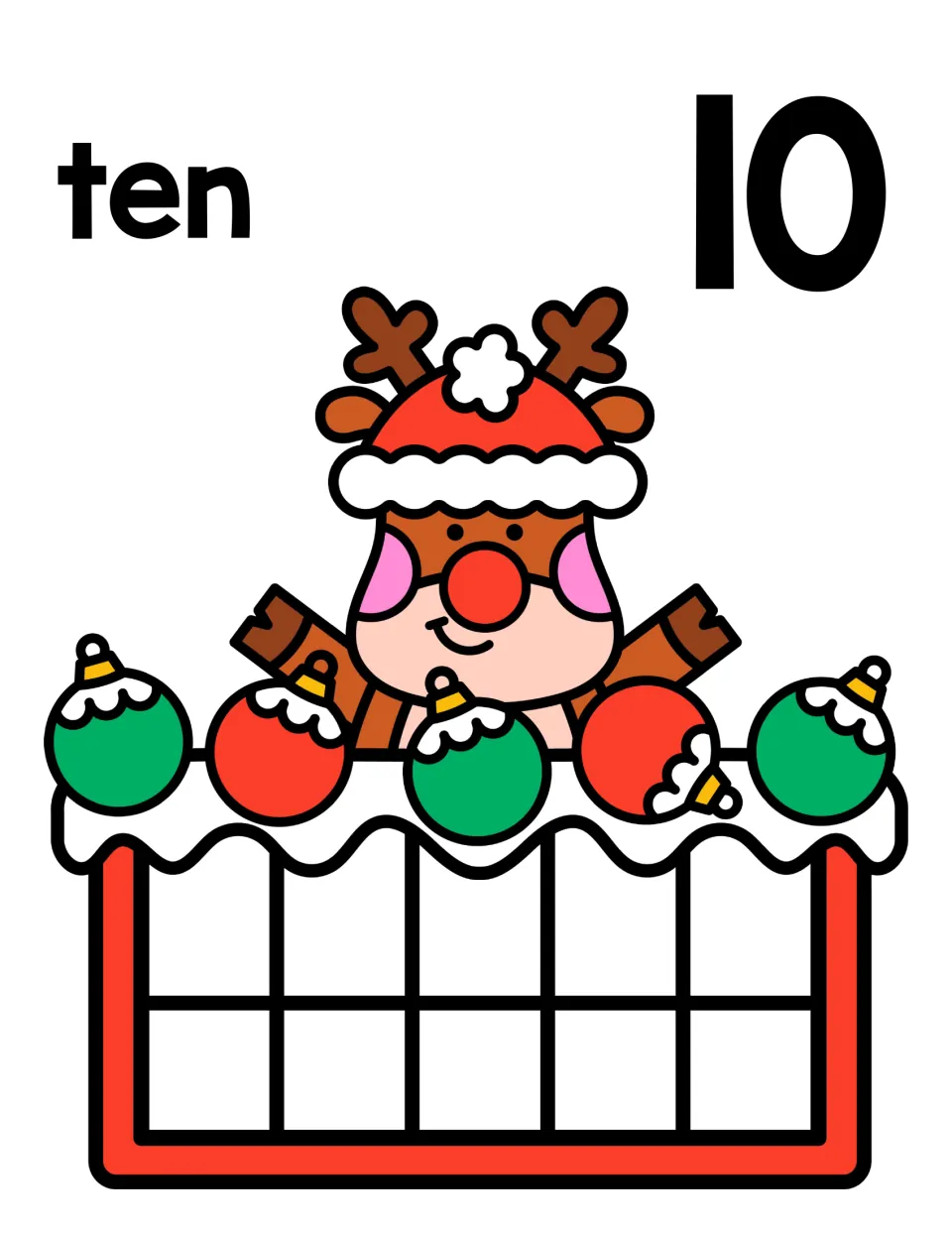 Number ten mat with a reindeer in a Santa hat: students fill every space of the ten frame with counters to show ten, 10