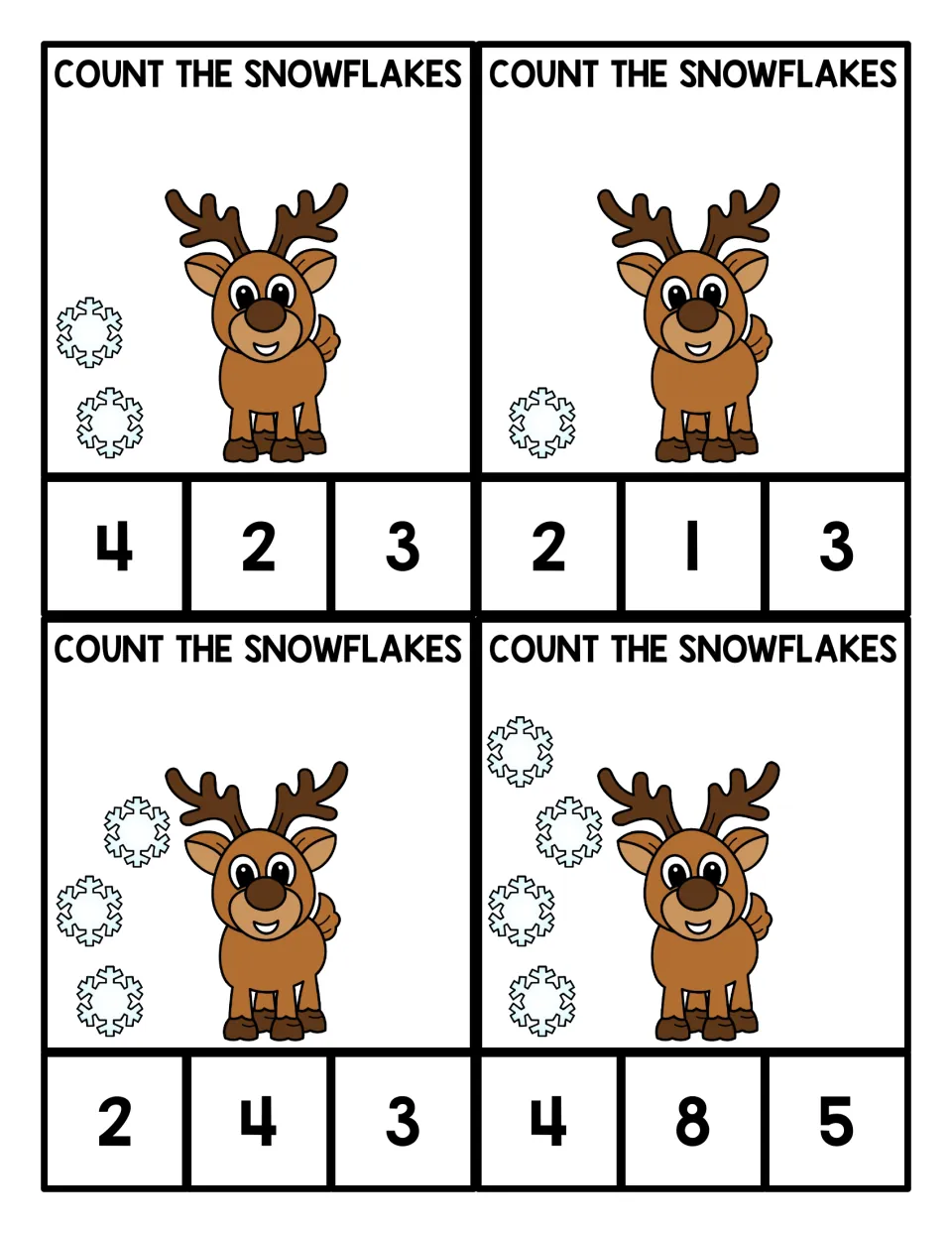 Count the snowflakes: four reindeer clip cards with 1 to 4 snowflakes; students clip the matching number from 3 choices