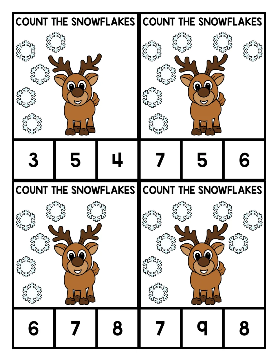 Counting 5 to 8: four reindeer cards show 5, 7, 6 and 8 snowflakes; students count each set and clip the matching numeral