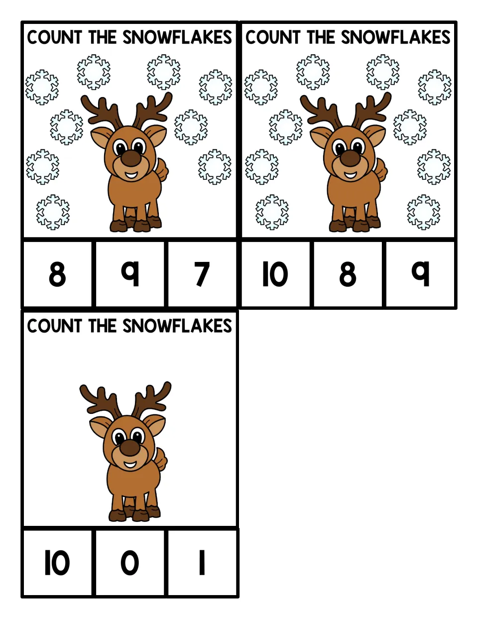 Counting 9, 10 and zero: students count the snowflakes on three reindeer cards and clip the matching numeral
