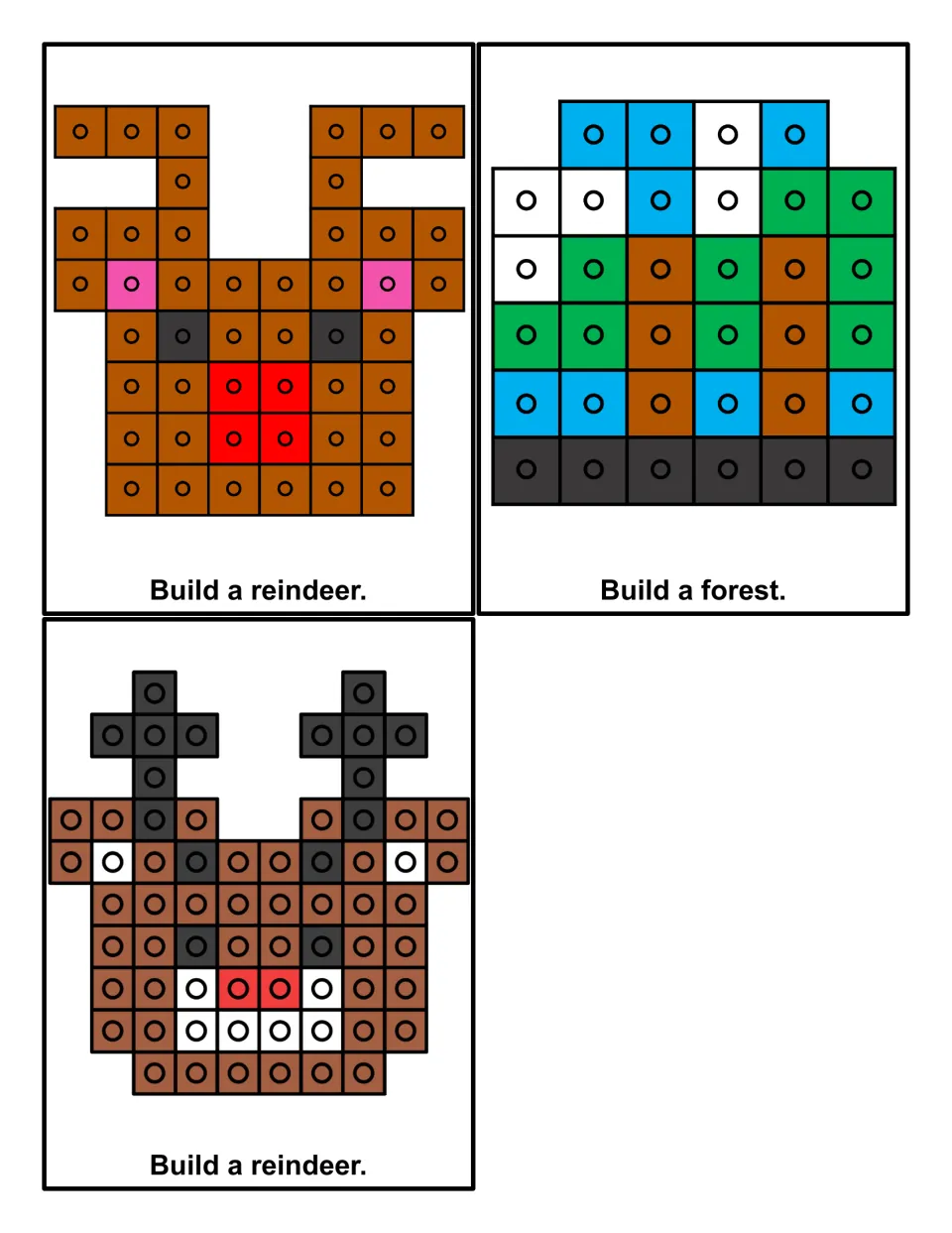 Connecting cube picture cards: students copy color patterns to build two reindeer faces and a forest scene, cube by cube