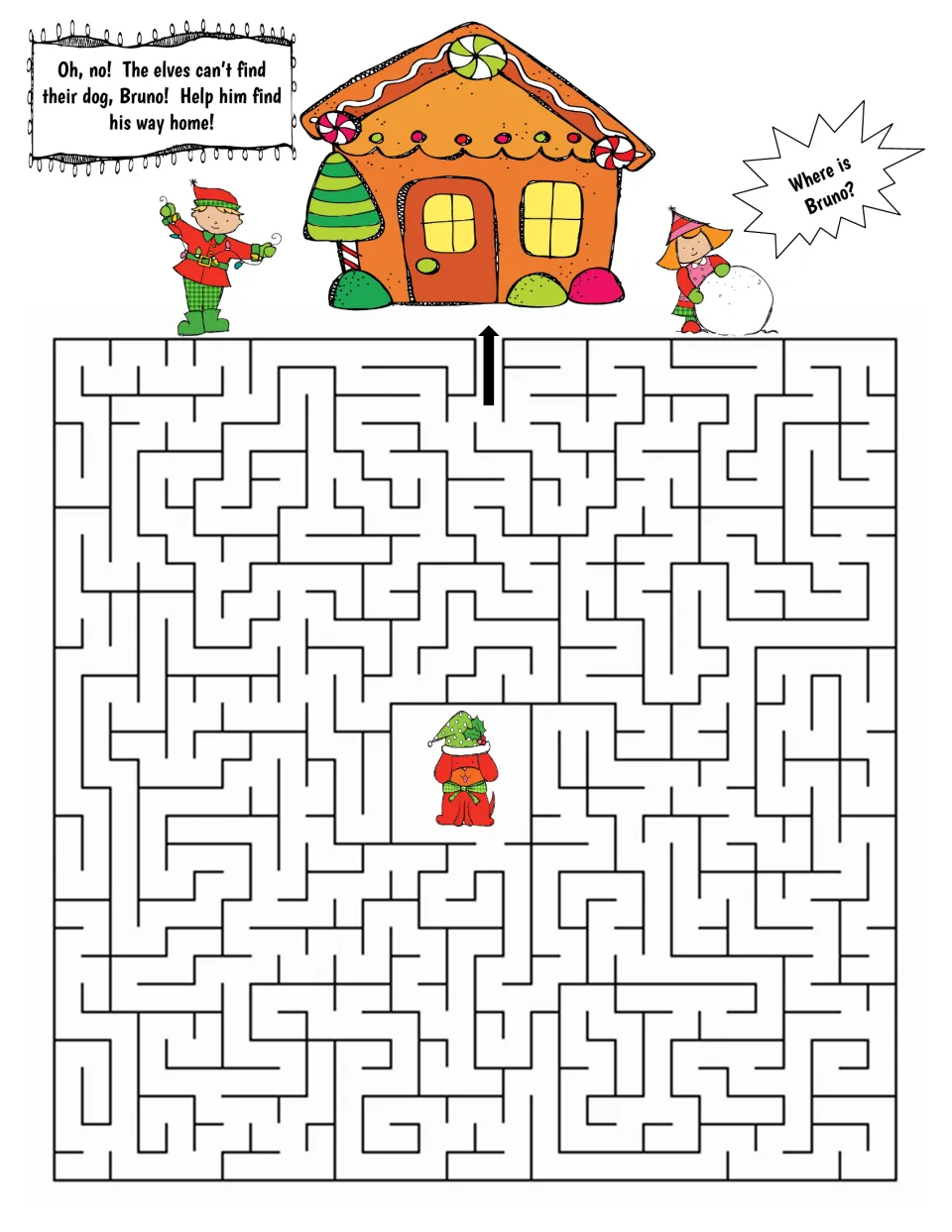 Christmas maze: help the elves' missing dog, Bruno, find his way from the center of the maze to his home.