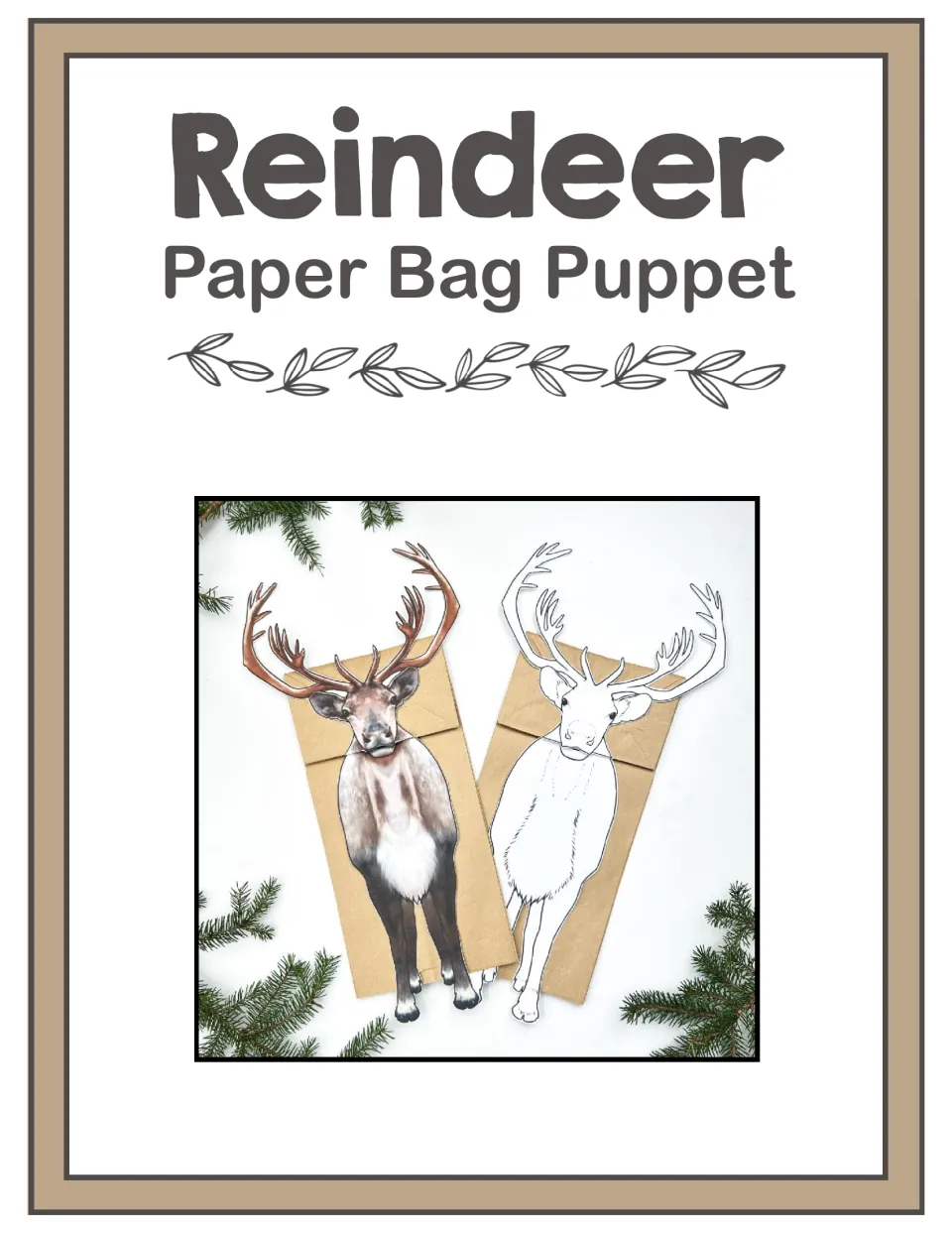 Reindeer Paper Bag Puppet cover showing a finished color puppet and a black-and-white one on brown paper bags