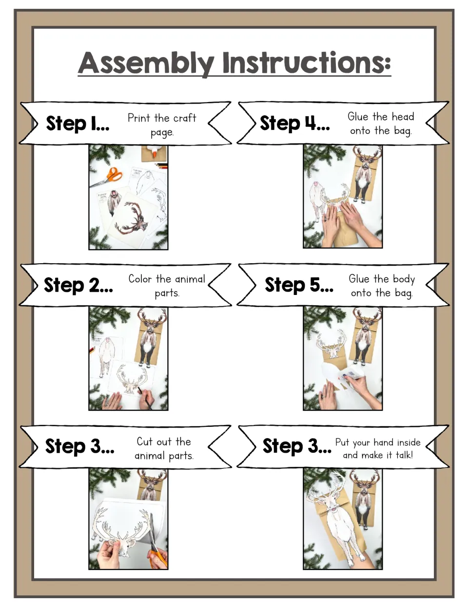 Assembly instructions in six photo steps: print, color and cut out reindeer parts, glue them on a bag, make it talk