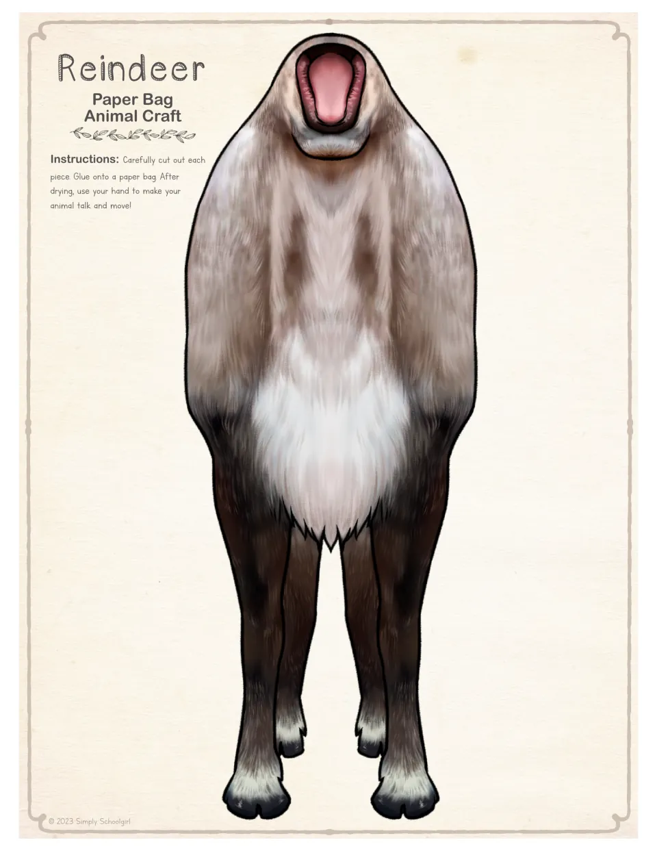 Full-color reindeer body cut-out piece with open mouth and legs; students cut it out and glue it onto a paper bag