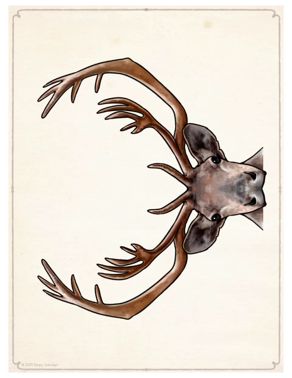 Full-color reindeer head cut-out piece with wide branching antlers, ears and muzzle, printed sideways to fit the sheet