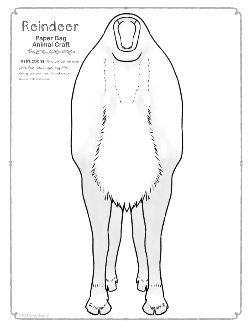 Black-and-white reindeer body cut-out piece for students to color, cut out and glue onto the bottom of a paper bag