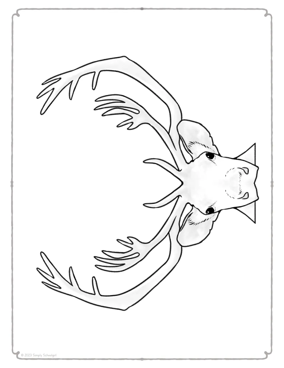 Black-and-white reindeer head cut-out piece with branching antlers and ears for students to color before gluing on