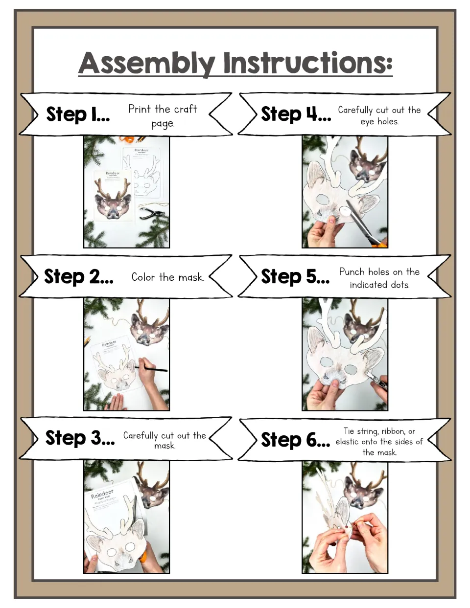 Assembly instructions in 6 photo steps: print, color, cut out the mask and eye holes, punch holes, then tie on string