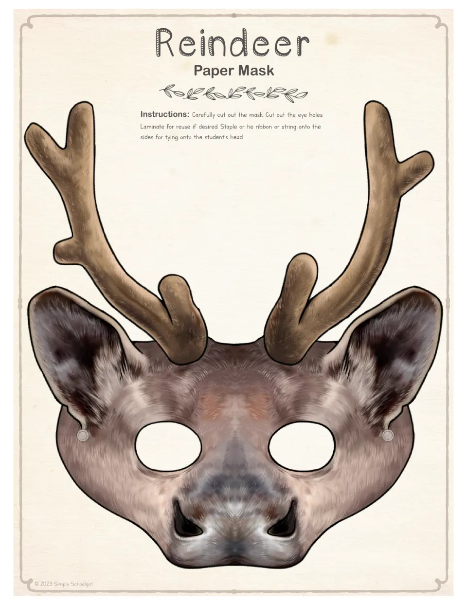 Full-color realistic reindeer mask with antlers and eye holes; students cut it out and tie ribbon to the punch-hole dots