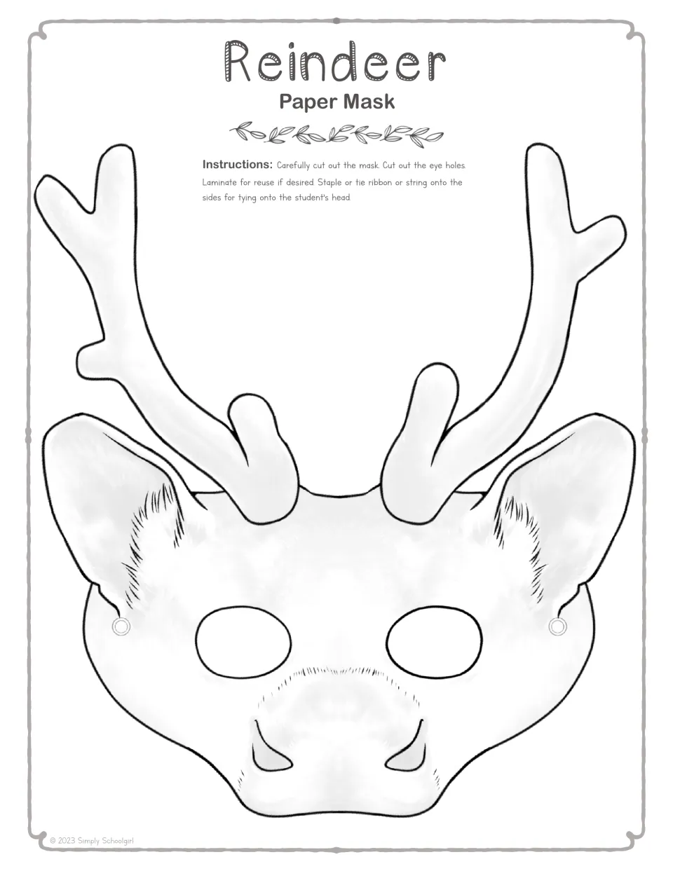 Black-and-white reindeer mask outline with antlers and fur shading for students to color, cut out and tie onto their head