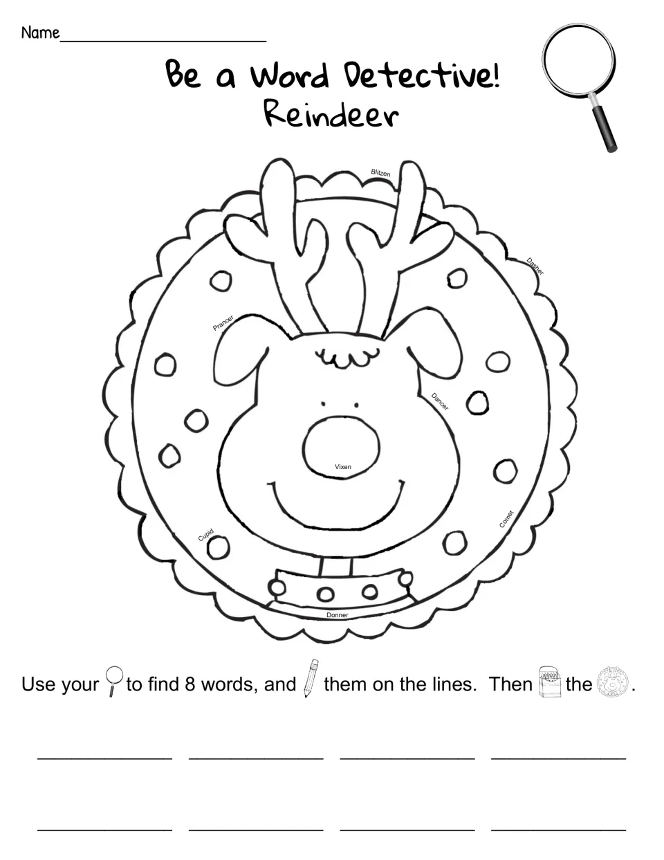 Reindeer word detective activity: find and write eight names, including Blitzen, Prancer, Dancer, and Vixen.