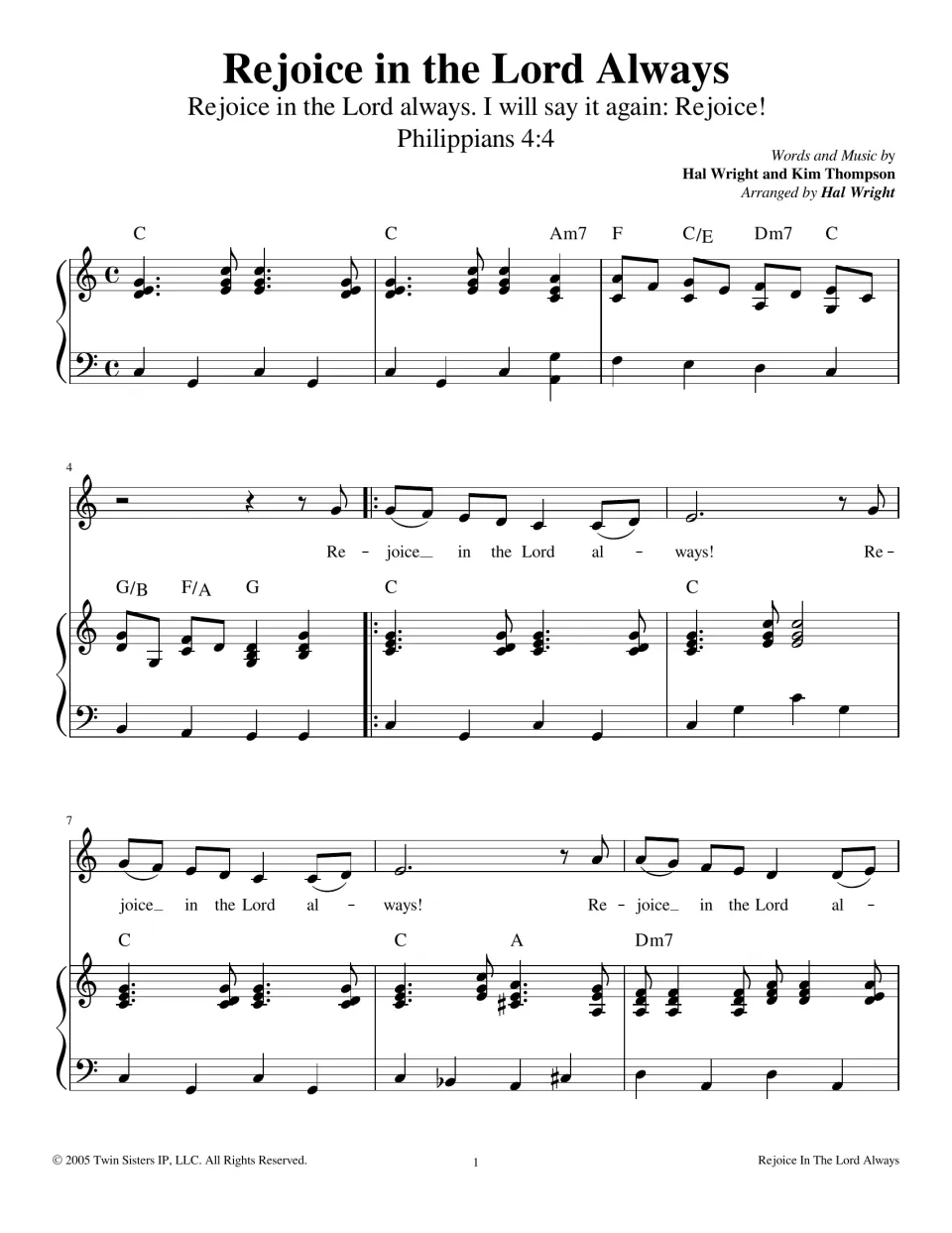 Rejoice in the Lord Always sheet music, measures 1-9: Philippians 4:4 heading, piano intro in C and the opening chorus