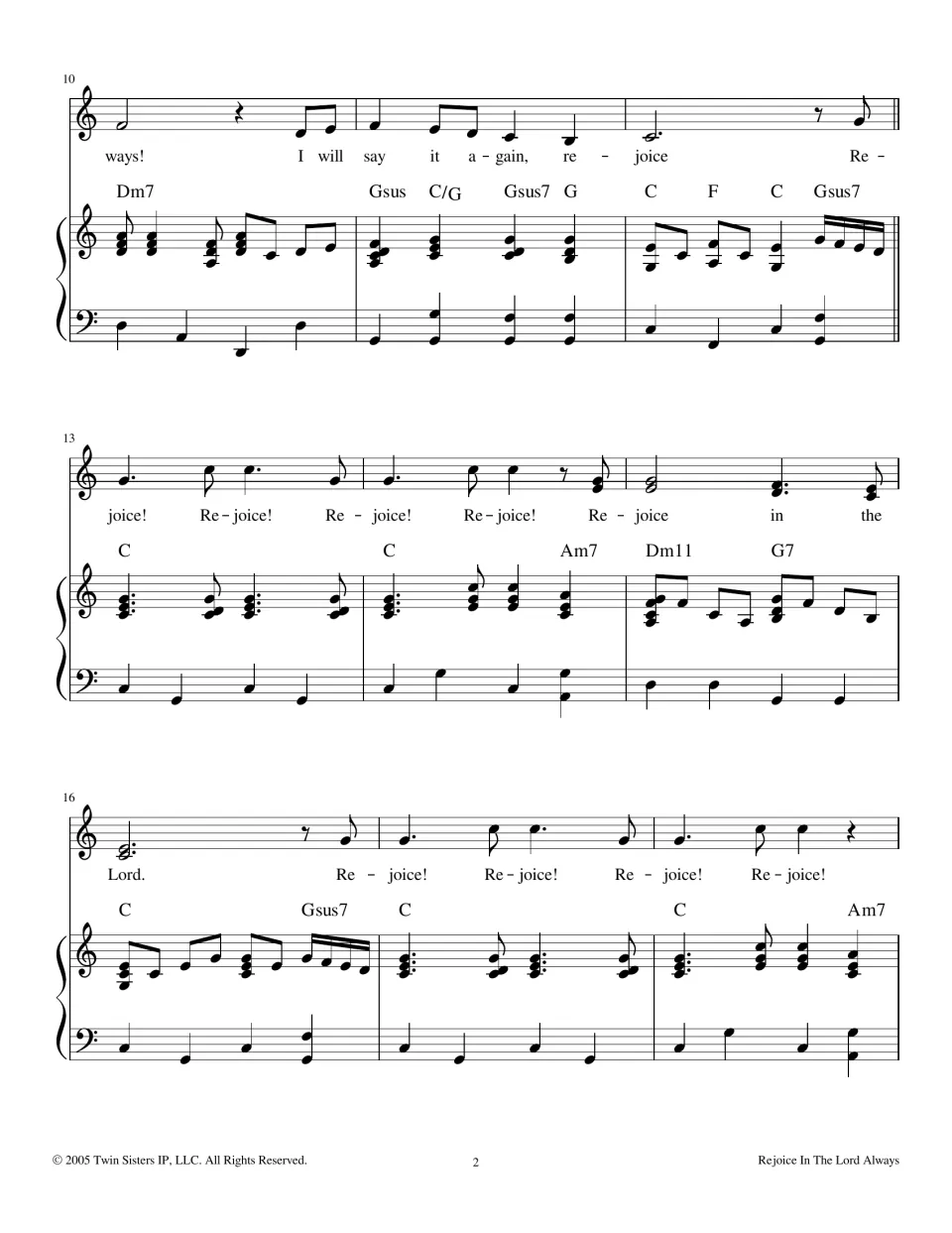 Chorus, measures 10-18: vocal line with lyrics "I will say it again" and repeated "Re-joice!" calls over piano and chords