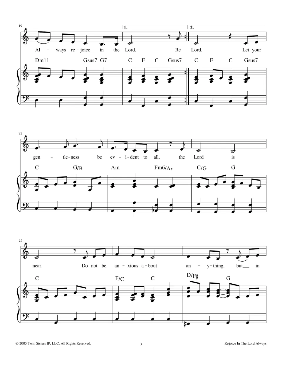Measures 19-27: first and second endings, then the verse begins "Let your gentleness be evident to all" with piano part