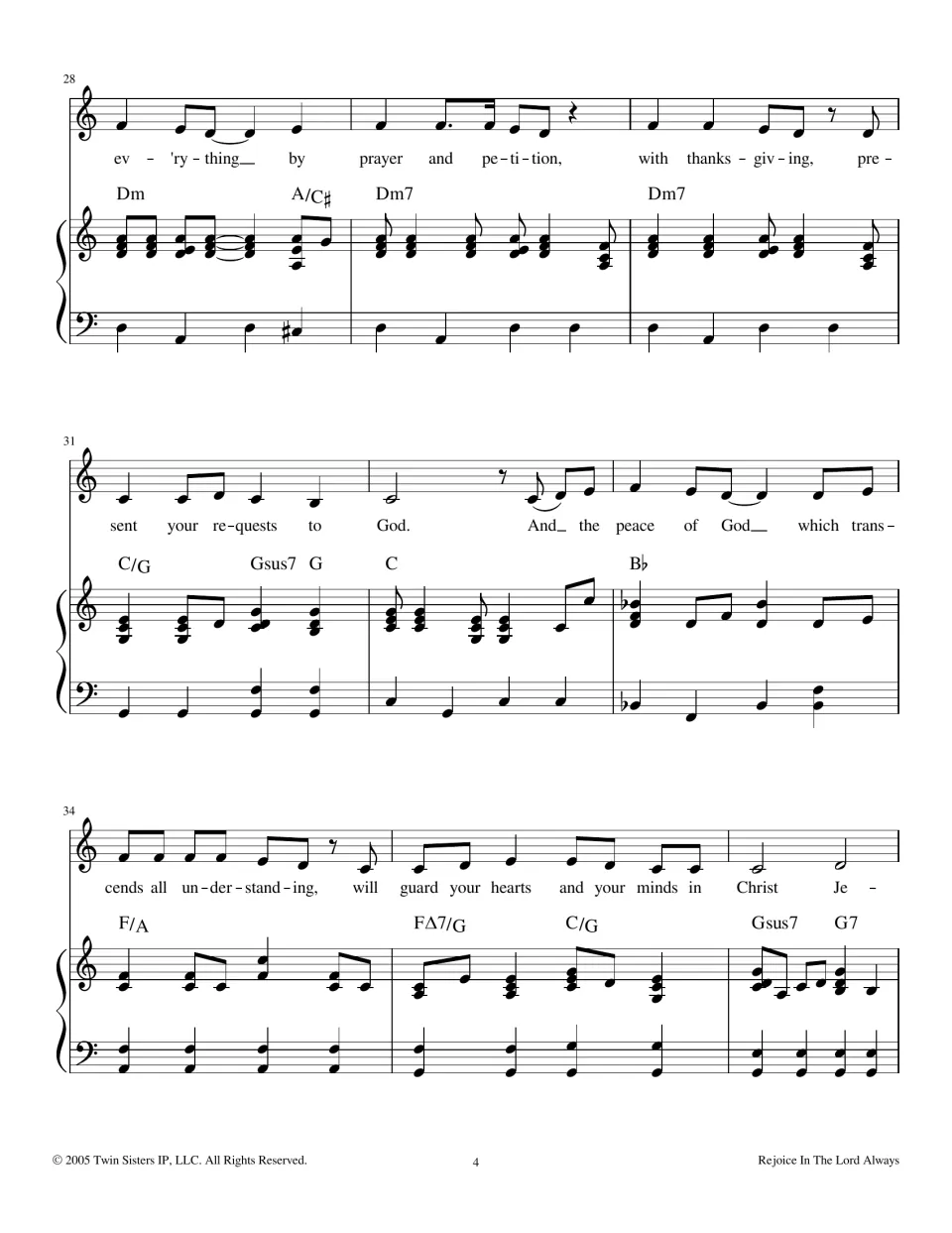 Verse continues, measures 28-36: "by prayer and petition, with thanksgiving" and "the peace of God" lyrics over piano