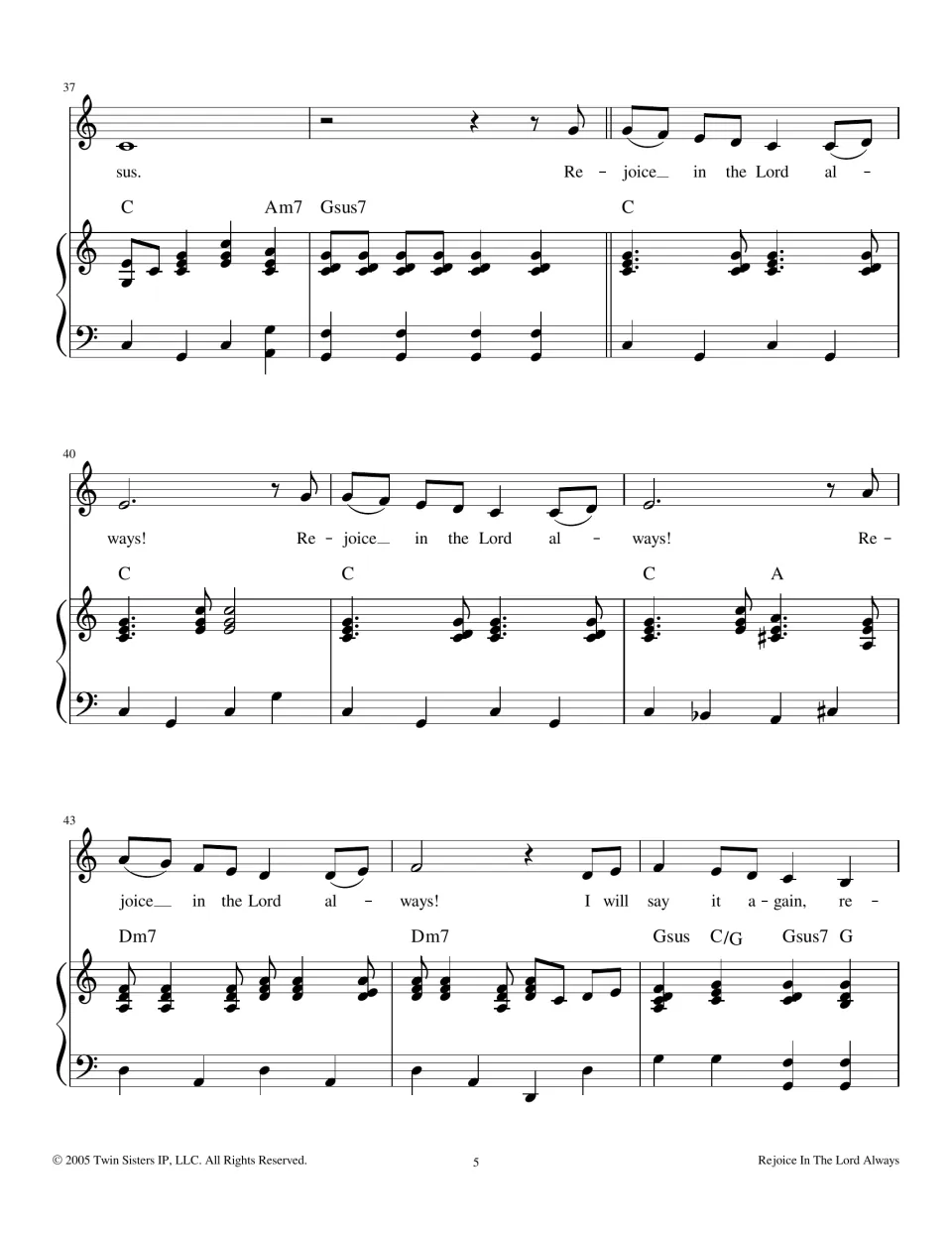 Measures 37-45: verse ends on "Jesus" and the chorus returns with vocal melody, piano accompaniment and chord symbols