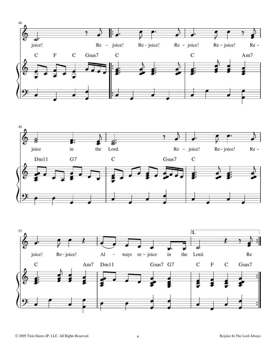Measures 46-54: repeated "Re-joice!" calls lead to "Always rejoice in the Lord" and a first ending with repeat sign
