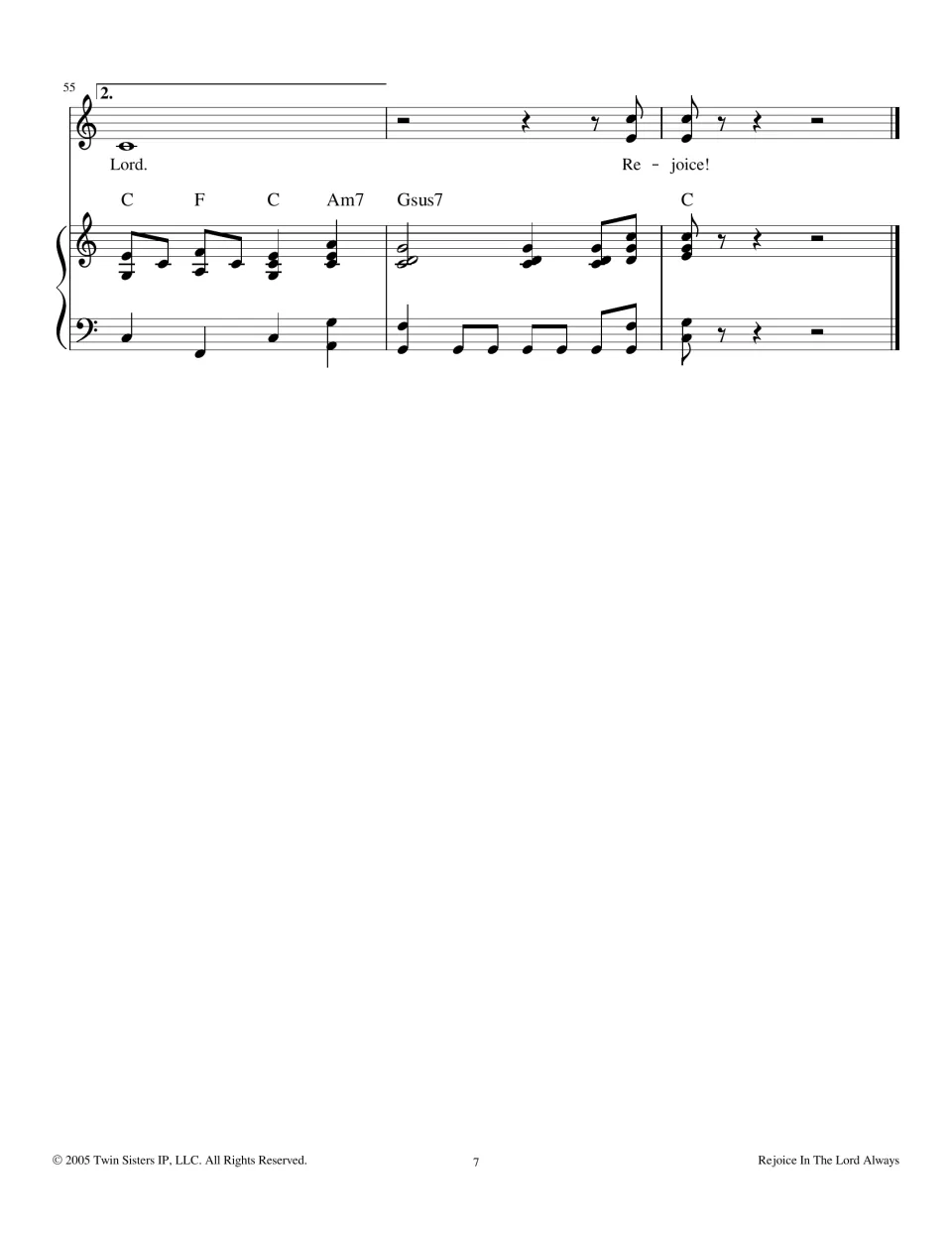 Final measures 55-57: second ending on "Lord" and a closing "Re-joice!" in C, ending the vocal and piano score