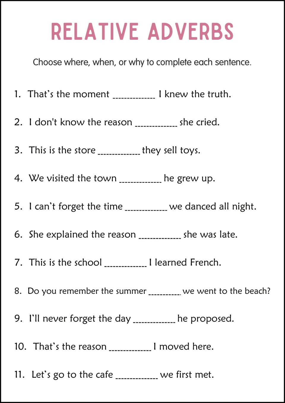 Relative adverbs fill-in: students choose where, when or why to complete 11 sentences, such as the store they sell toys