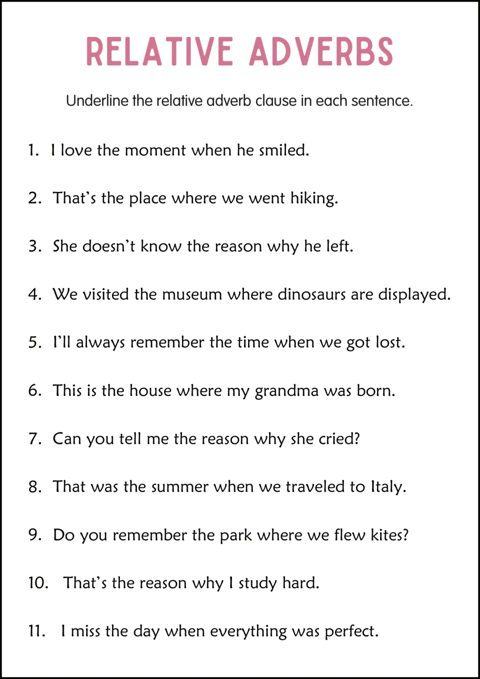 Relative adverb clauses: students underline the clause in 11 sentences, such as where dinosaurs are displayed