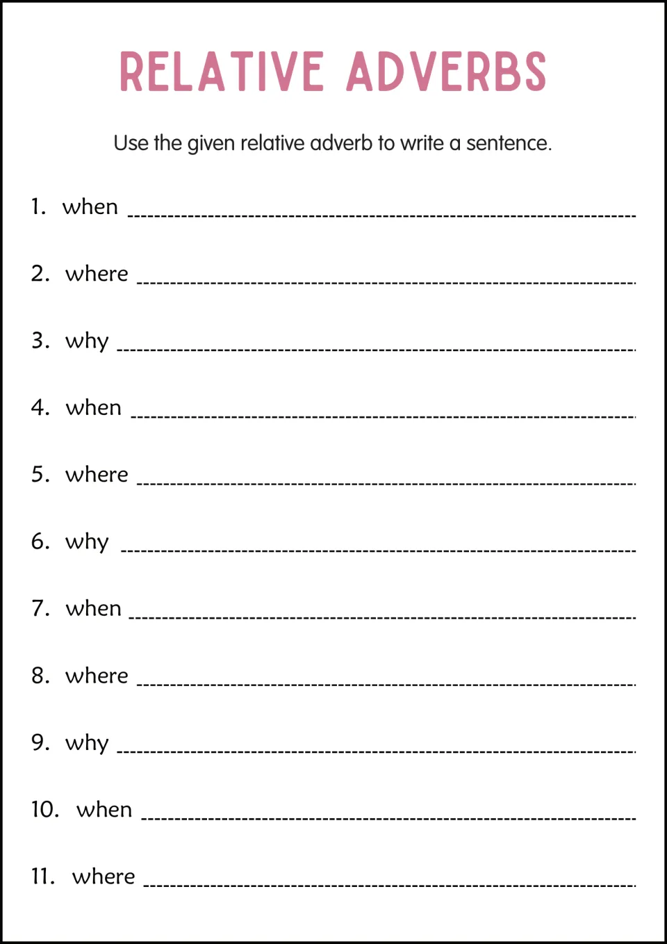 Writing with relative adverbs: students write 11 original sentences, each using the given word when, where or why