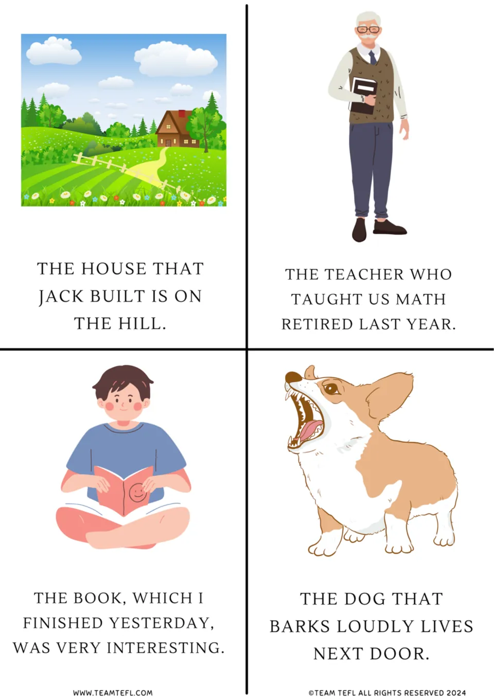Relative clause flashcards: four picture cards with sentences using that, who and which, such as the dog that barks loudly