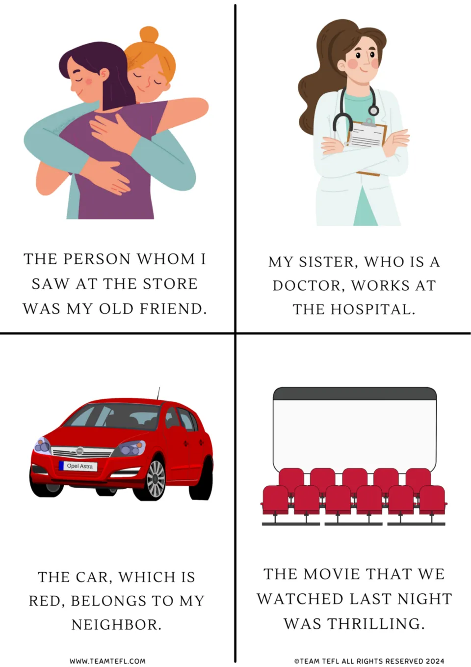 Relative clause flashcards with whom, who, which and that: friends hugging, a doctor sister, a red car and a movie theater