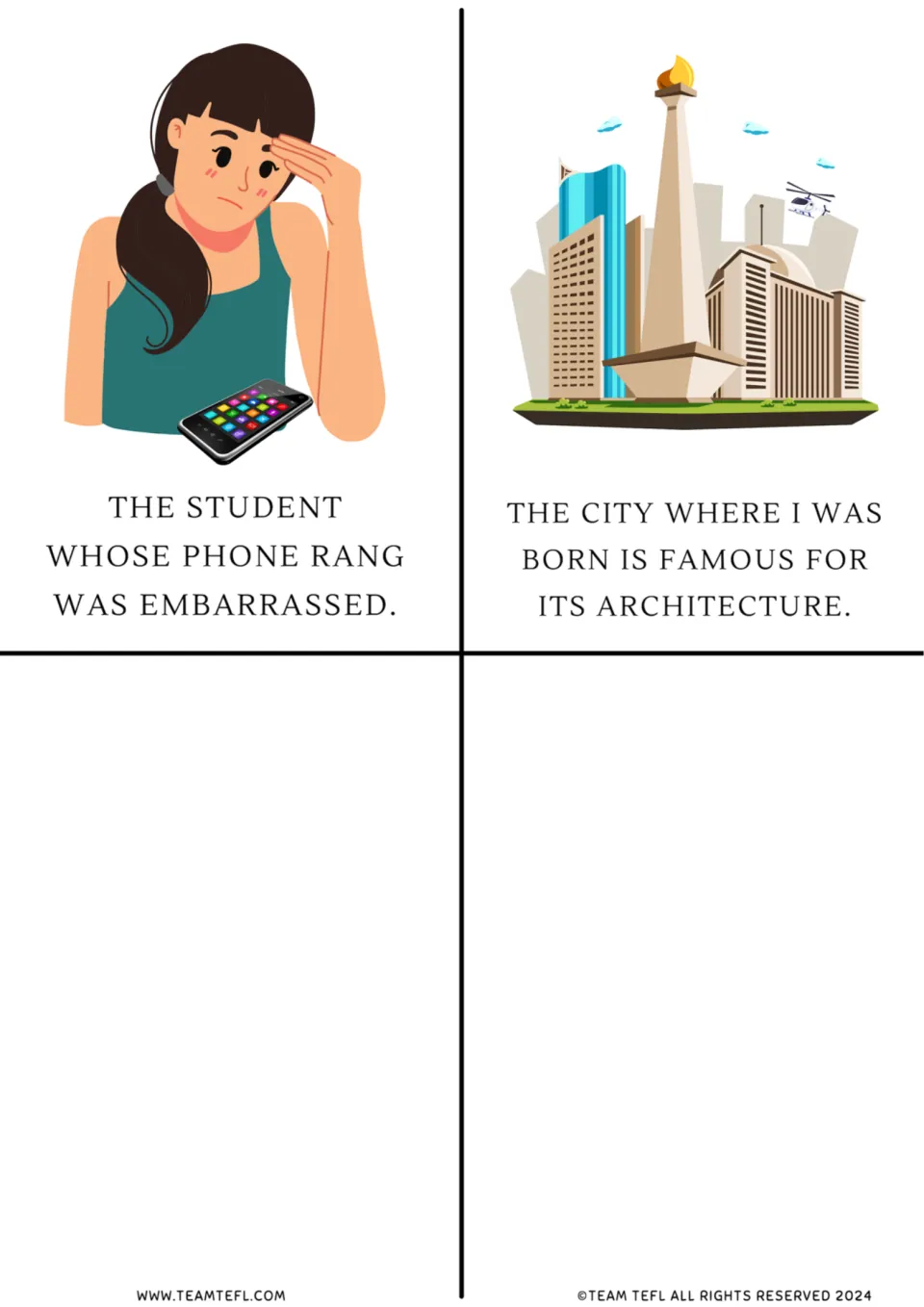 Relative clause flashcards with whose and where: the student whose phone rang and the city where I was born