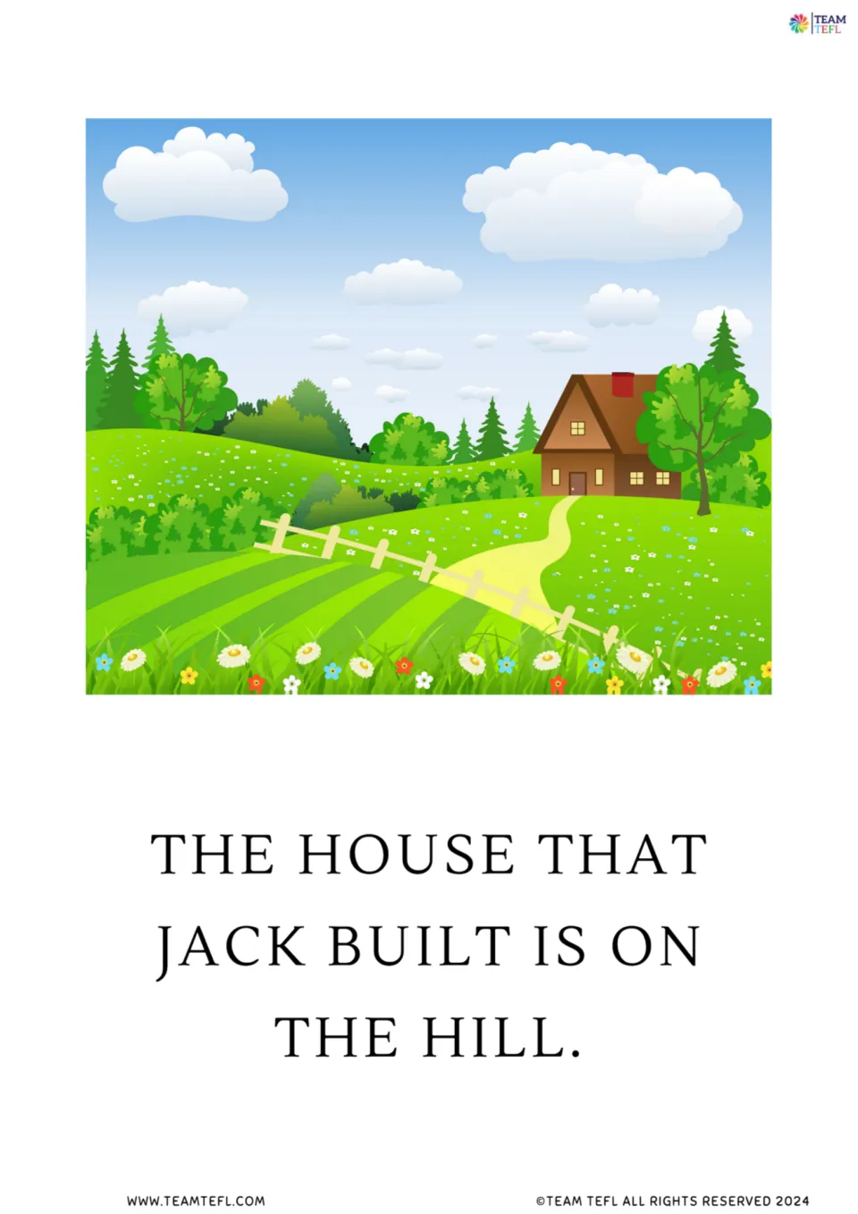Defining relative clause with that: a house on a green hill above the sentence 'The house that Jack built is on the hill'