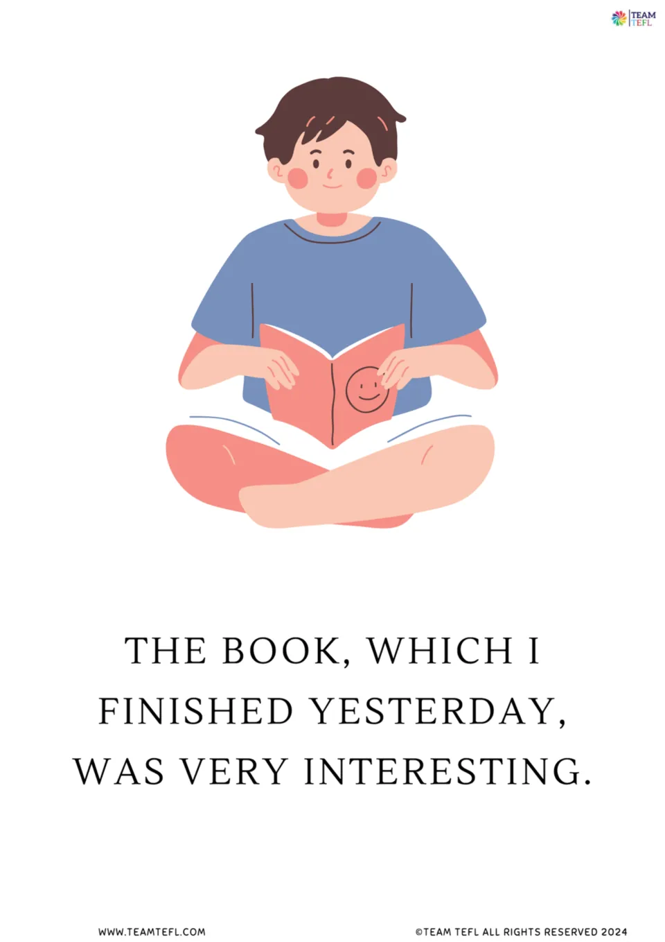 Non-defining clause with which: a boy reading beside 'The book, which I finished yesterday, was very interesting'