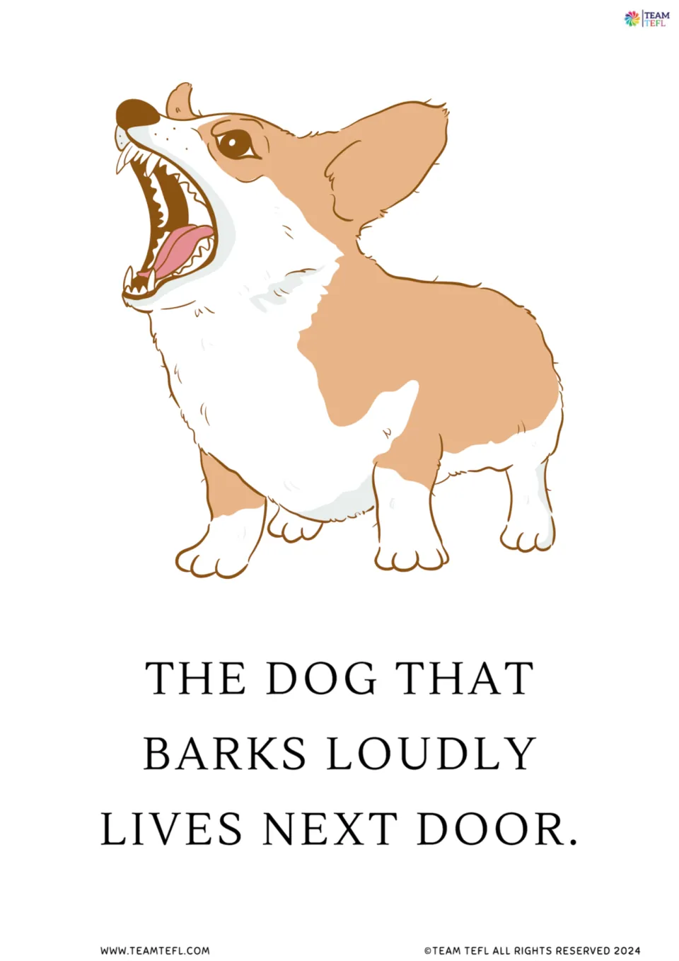 Relative clause flashcard showing a barking corgi with the sentence 'The dog that barks loudly lives next door'