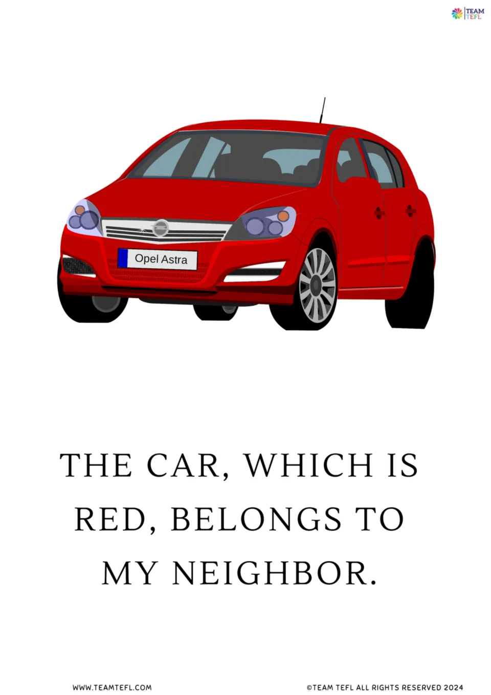 Non-defining clause with which for things: a red hatchback car above 'The car, which is red, belongs to my neighbor'