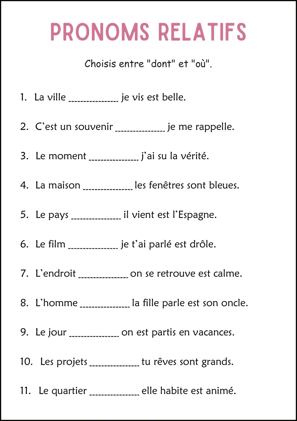 Choosing dont or où: students complete 11 French sentences with the correct pronoun, such as La ville ___ je vis